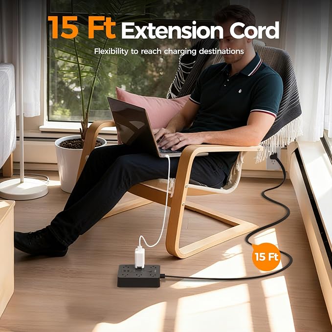 TESSAN 15Ft Black Extension Cord with Multiple Outlets, Surge Protector Power Strip with 6 Outlets and 3 USB Ports (1 USB C), 1700 Joules Protection, Flat Plug, Outlet Extender for Home, Office, Dorm