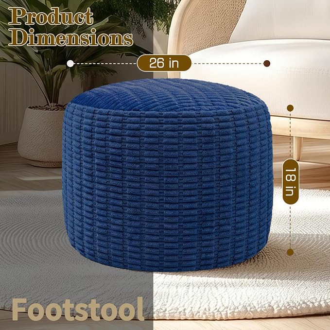 Round Corduroy Ottoman Foot Rest Pouf for Living Room Couch - Soft Plush Shredded Foam Filled Hassock Stool, Comfy Footstool for Adults (Navy - Chunky Corduroy, 26 INCH×18 INCH)