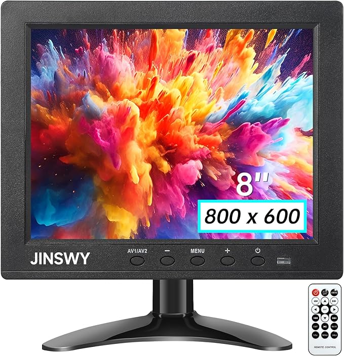 8" Security Monitor, 800x600 HD Display, HDMI VGA BNC AV USB Ports, Small Monitor with Built-in Speakers & Remote Control, for CCTV Surveillance, DVR, PC, Raspberry Pi