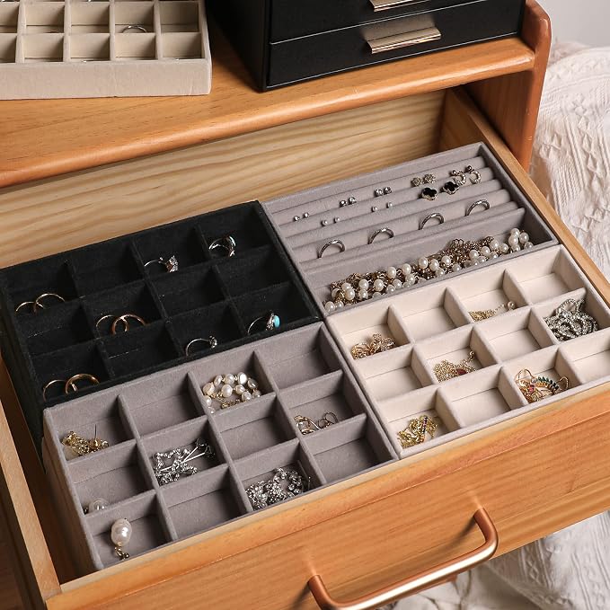 Frebeauty Jewelry Organizer Tray,Stackable Velvet Jewelry Trays,Drawer Inserts Earring Organizer For Women Jewelry Storage Display Case for Rings Stud Necklaces,Set of 4(White)