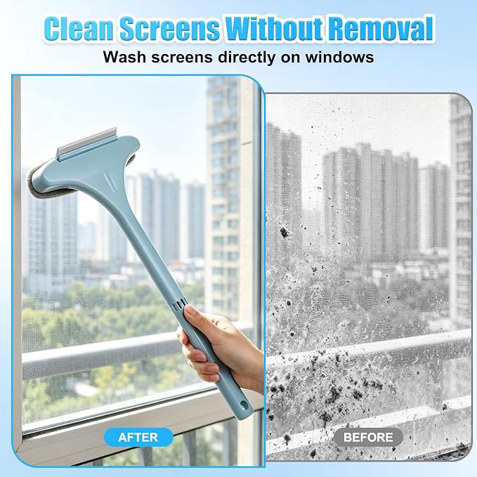 Window Screen Cleaner,2026New Upgraded 2in1 Detachable Window Cleaning Brush with Squeegee,Wet Dry Dual Use Multi-Functional Glass Net Cleaner Tool for Corners,Patio,Door,Porch Screens (Pink)