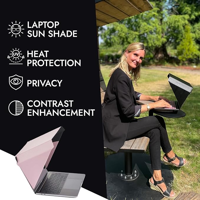 4-in-1 Laptop Screen Shade – Original Slim Hood – Sun, Privacy, Heat & Contrast Protection, Lightweight & Travel-Friendly, Fits 15–16” MacBook & PC, Patented, Pink