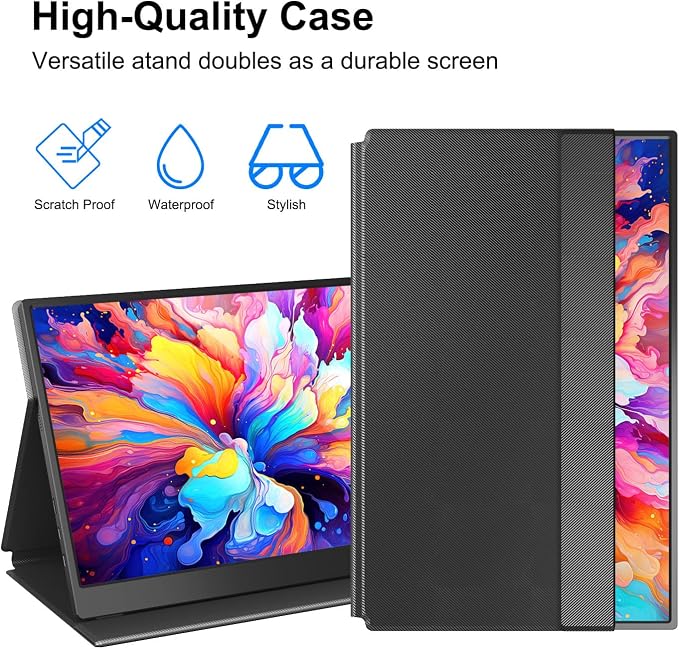 Portable Monitor 15.6" 1080P FHD USB-C HDMI, Ultra-Slim IPS Gaming Display, HDR Plug & Play, Premium Smart Cover & Screen Protector, Dual Speakers, Extended Monitor for Laptop PC MAC PS4 Xbox