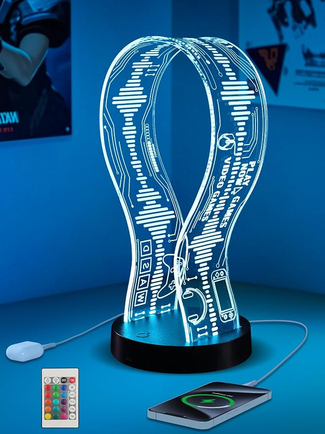CoolGift Mart Light Up Headphone Stand with 16 Color Lights, Game Pattern Acrylic Headset Stand with 1 USB and 1 Type-C Charging Ports, Gifts for Gamers Men and Music Lovers