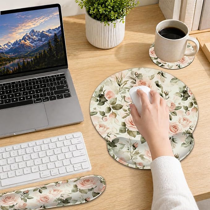 Pink Roses Keyboard Wrist Rest Pad Ergonomic Mouse Pad Set,Vintage 3 in 1 Memory Foam Mouse Pad with Non Slip Base for Office and Home