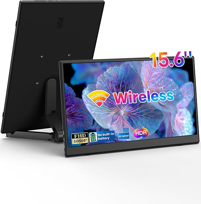 15.6" Wireless Portable Monitor, FHD 1080P IPS Travel Monitor for Laptop, Built-in G-Sensor, USB-C & HDMI, Foldable Stand, PU Protective Case, VESA Mount, Blue Light Protection