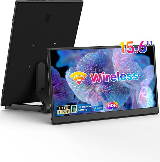 15.6" Wireless Portable Monitor, FHD 1080P IPS Travel Monitor for Laptop, Built-in G-Sensor, USB-C & HDMI, Foldable Stand, PU Protective Case, VESA Mount, Blue Light Protection