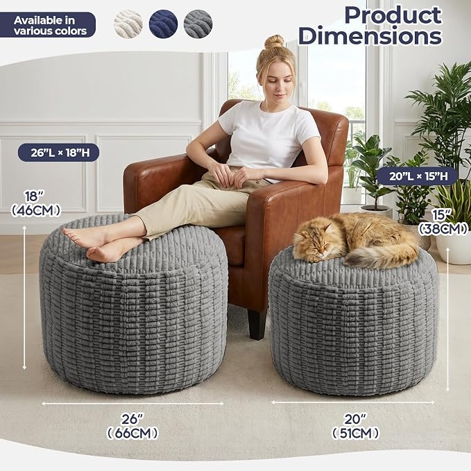 Round Pouf Ottoman Stuffed Corduroy Poufs Foot Rest with Foam Filling Fluffy Pouf Storage Foot Stools Ottoman Rest for Living Room Couch 20 X 15 Inches, Grey