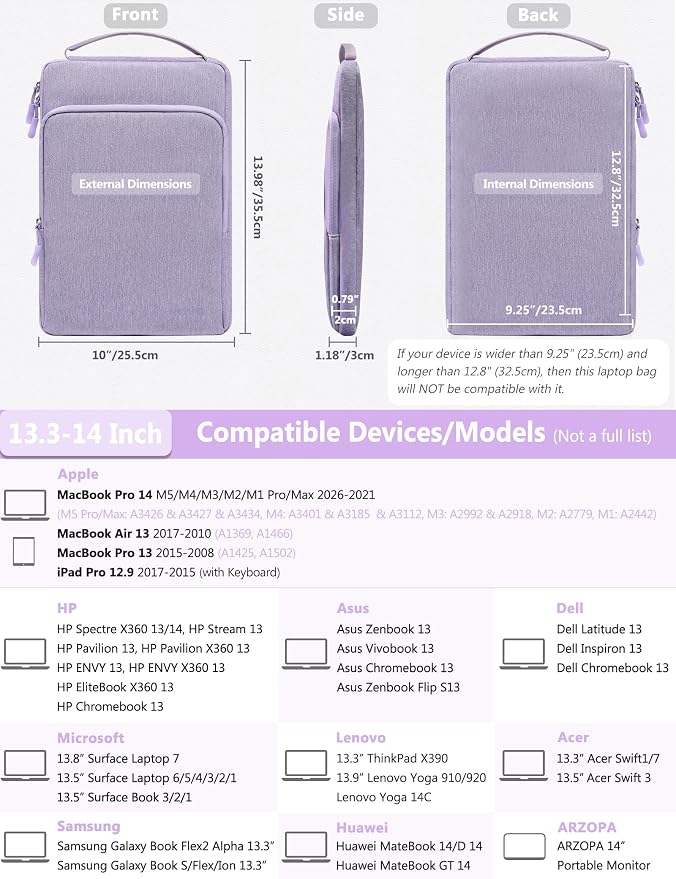 HYZUO 13.3-14 Inch Laptop Bag Sleeve for MacBook Pro 14 M5 M4 M3 M2 M1 Pro/Max A3426 A3427 2026-2021, MacBook Air/Pro 13.3, 13.8"-13.5" Surface Laptop/Book, Notebook Case for 13" Dell HP,Lilac Purple