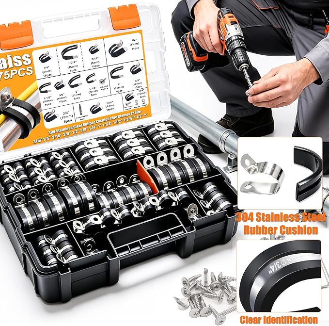 Taiss 575PCS Cable Clamps Assortment Kit 304 Stainless Steel Rubber Cushion Pipe Clamps 12 Sizes P Clamp 3/16"1/4"5/16" 3/8"1/2"5/8"3/4"1"1-1/4"1-1/2"1-3/4"2" Wire Clamp With screws and washer & bit