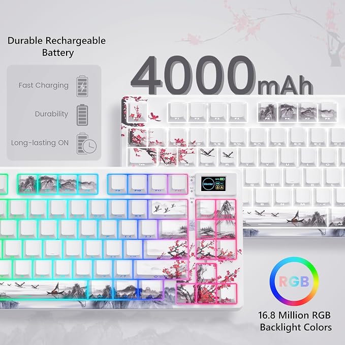 Womier 75% Wireless Mechanical Keyboard with Color Multimedia Screen Gaming Creamy Keyboard, Theme 3-Modes Hot Swappable Key Board w/Wrist Rest,SK80 PRO Gasket RGB Custom for Mac/Win,Red Plum