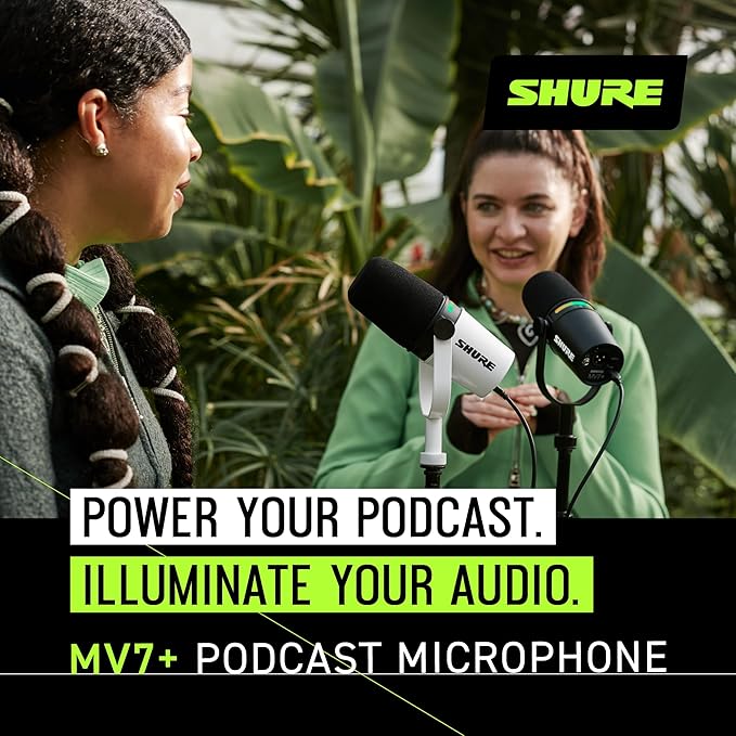 Shure MV7+ Dynamic Microphone – USB-C & XLR Podcast Mic for Streaming, Recording & Broadcasting, OBS Certified, Auto Level Mode, Digital Pop Filter, LED Panel, White