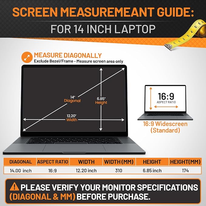 14 Inch Laptop Privacy Screen Filter 16:9 | Anti Glare Blue Light Blocking Screen Protector | Removable Privacy Shield for Laptop and Notebook Computer | Adhesive and Hang Tab Installation