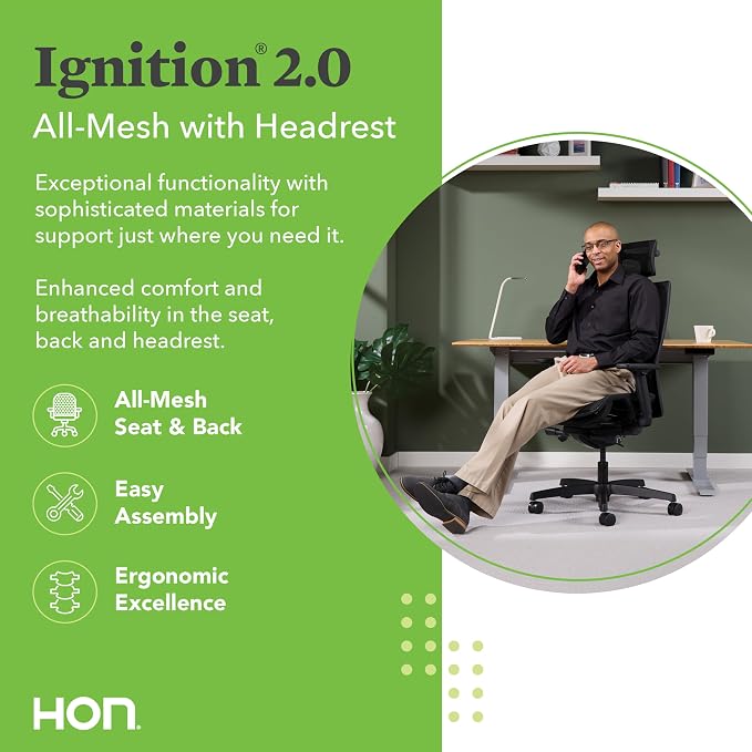 HON Ignition 2.0 Ergonomic Office Chair with Headrest, Mesh Desk Chair with Lumbar Support, Synchro‑Tilt Recline, Height and Width Adjustable Arms, Swivel Wheels, Black Frame, Black