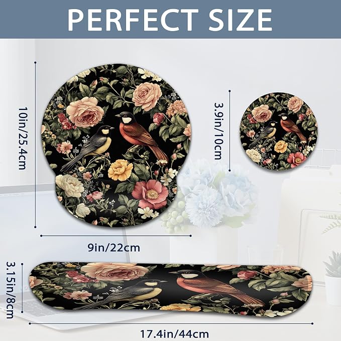Vintage Rose Peony Floral Keyboard Wrist Rest Pad Ergonomic Mouse Pad Set,Bird 3 in 1 Memory Foam Mouse Pad with Non Slip Base for Office and Home