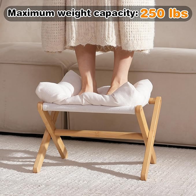 Baveke Ottoman Foot Rest- Bamboo Foldable Stool, Foot Stools Small Ottman with Upholstered & X Legs, Folding Shoe Bench, Bedroom and Living Room, Small Beige(FSC-Certified Bamboo)