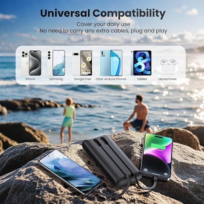 Ekrist Upgraded Portable Charger 40800mAh Power Bank - Portable Battery with 2 Built in Cables,PD 25W USB C Fast Charging Battery Pack Compatible with iPhone 17 16 15 14 13 Android Phone etc-Black