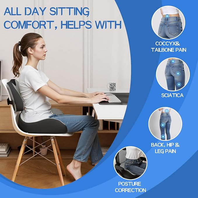 Benazcap Large Memory Foam Seat Cushion Lumbar Support Pillow for Sciatica & Tailbone Pressure Relief Coccyx Pad for Office Chair, Wheelchair, Car, Home, Office, Grey