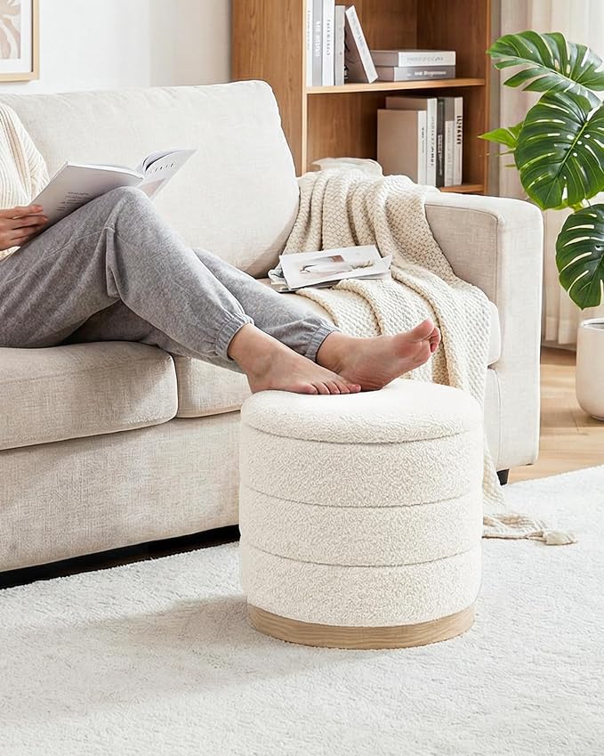B FSOBEIIALEO Round Storage Ottoman with Tray, Folding Ottoman with Storage Coffee Table Foot Rest for Dorm Room Living Room Chenille Fabric,White,15.35"x15.35"x14.57"