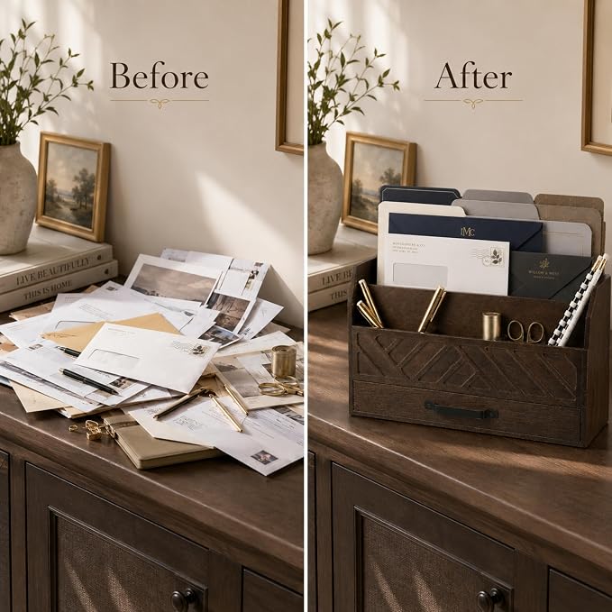 BLU MONACO | Wooden Mail Organizer with Drawer and Compartments | Mail Sorter Organizer Countertop for Desk Entryway | Outgoing Mail Holder Wood Desktop File Storage