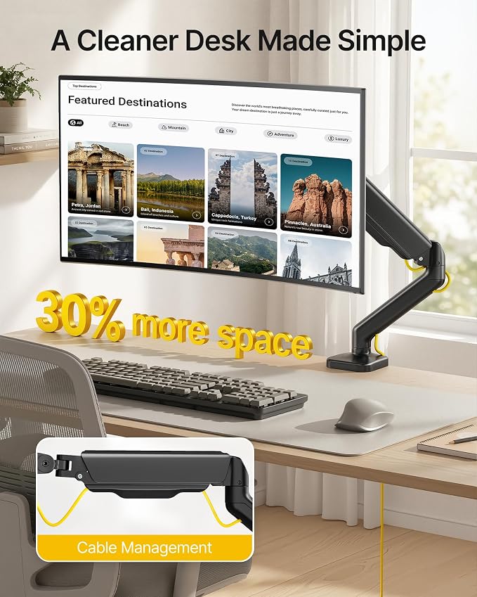 monTEK Heavy Duty Single Monitor Arm for 17-32” Flat/Curved Screens, Premium Mechanical Spring Monitor Arm up to 19.8 lbs, Full Motion Monitor Desk Mount with Quick-Release VESA Plate, Clamp/Grommet