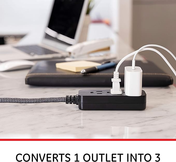 GE 3-Outlet Power Strip Mini Extension Cord with Multiple Outlets 5 Inch Braided Short Cord Extension Cord Grounded Flat Plug Extension Cord ETL Listed 2 Pack Black 53240