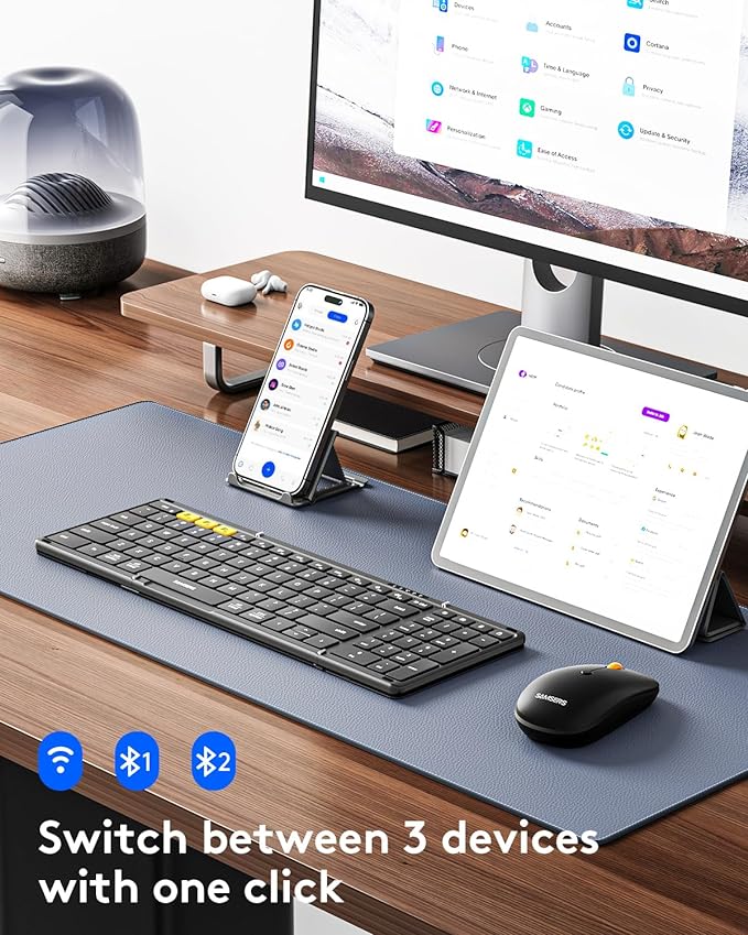 Foldable Keyboard and Mouse, Samsers Folding Bluetooth Keyboard Combo, 2.4G + BT5.0 x 2, Full-Size Portable Travel Keyboard & Rechargeable Wireless Mouse for Windows Android iOS Mac OS, Elegant Black