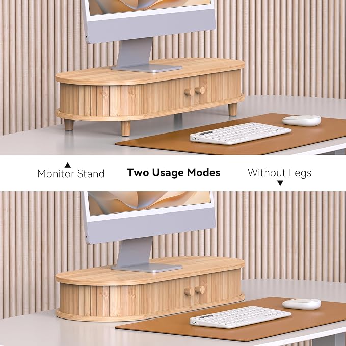 Bamboo Monitor Stand with Storage, Curved Computer Laptop Stand Desk Shelf Organizer with Sliding Doors (25 inch)