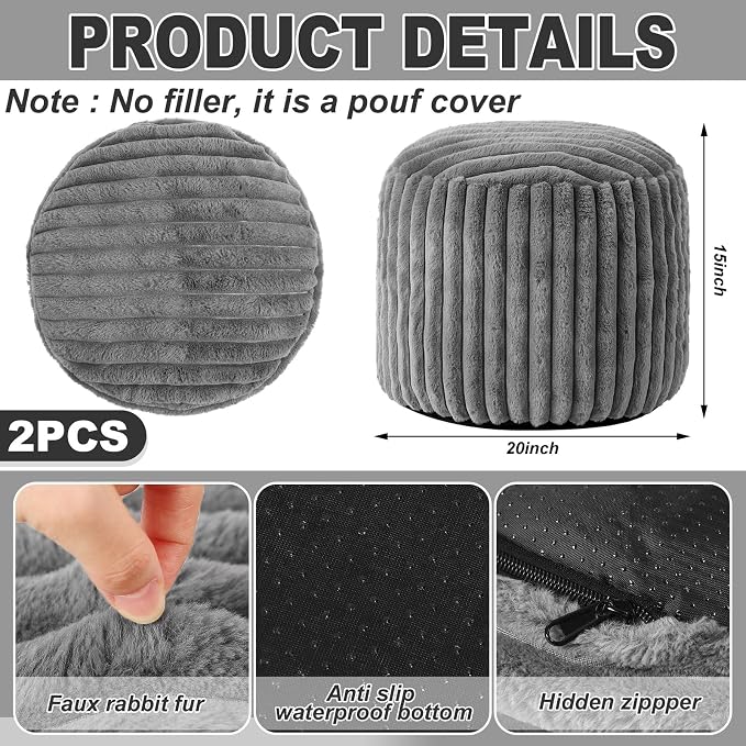 Teenyyou 2 Pcs 20 x 15 Inch Unstuffed Pouf Cover Ottoman Foot Rest - No Filler, Faux Rabbit Fur Foot Stool Floor Bean Bag Floor Chair Storage for Living Room Bedroom Home Decor(Gray)