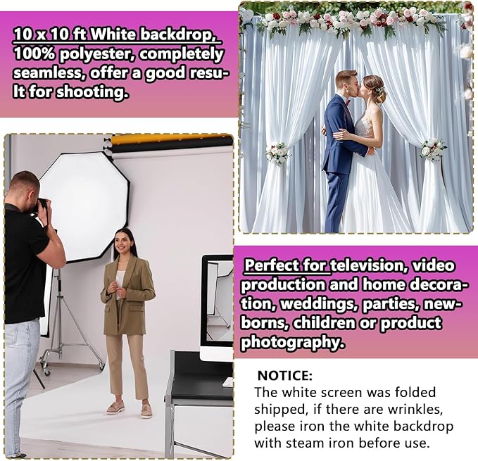 Photo Backdrop White 10 x 10ft, White Backdrop for Photoshoot, Solid White Photography Backdrop Background, Seamless Photo Backdrop Curtain for Wedding Baby Shower Picture Photobooth Portrait Backdrop