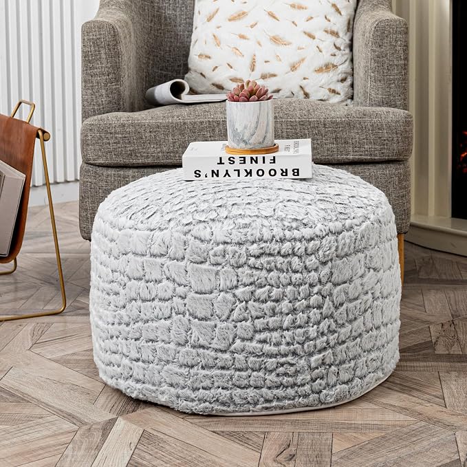 Asuprui Pouf Ottoman Unstuffed Floor Poof Seat Pouf Ottoman Foot Rest Soft Foot Stool 20x20x12 Inches Fuzzy Chair Floor Chair Foot Rest with Storage for Living Room Bedroom Snow Gray