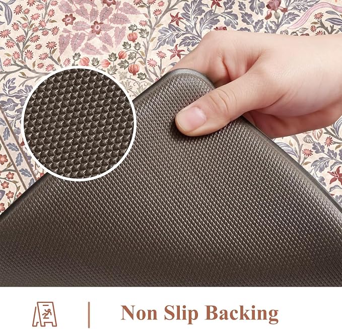 Collive Anti Fatigue Mats for Kitchen Floor, Cushioned Comfort Kitchen Rugs Sets of 2 Waterproof Non Skid Padded Sink Rugs, Pink/Blue Floral Rug Standing Mat for Laundry, Home Office Decor