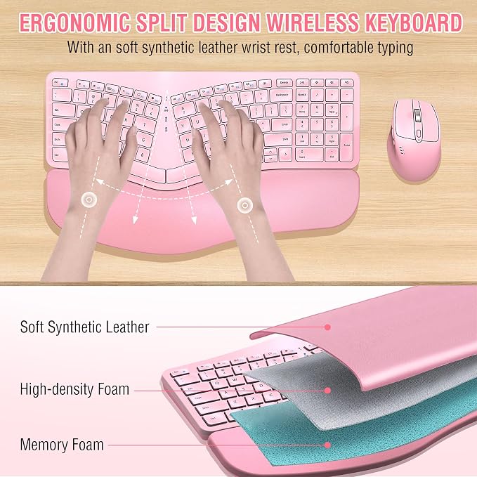 Ergonomic Wireless Keyboard Mouse Combo, EDJO Bluetooth/2.4G Dual Channel, Split Design, Soft Foam Palm Rest, 4 Level DPI Adjustable Wireless Mouse, Rechargeable, for Windows/Mac/Android(Pink)