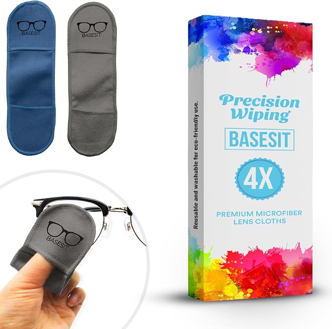 Finger Grip Eyeglass Cleaner (4 Pack) – Premium Microfiber Glasses Cleaning Cloth for Eyeglasses, Sunglasses, Phone Screen & Camera Lens (Blue/Gray)