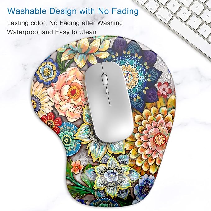 ITNRSIIET Ergonomic Mouse Pad with Gel Wrist Support Wrist Rest Smooth Surface Non-Slip PU Base Comfortable Office Supplies Pain Relief, 9.5 x 8 inches, Succulent Flower