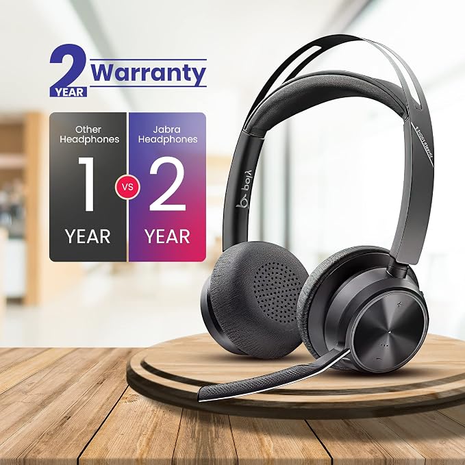 Plantronics Poly Voyager Focus 2 UC Bluetooth Headset with Charging Stand, USB-C/A Adapters, Connects to Teams, Zoom and Phone Calls on Laptops PC/Mac and Cellphones, Enhances Audio, GTW Cloth