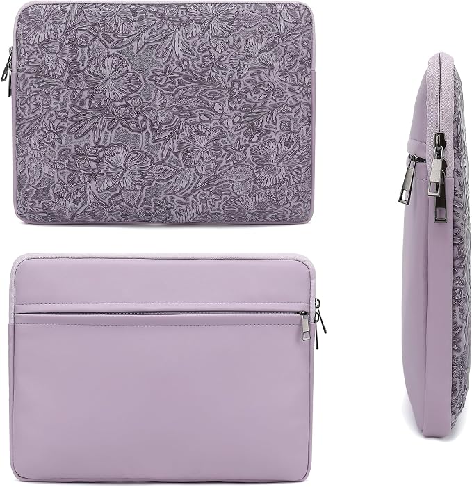 Embossing Floral Pattern PU Leather Laptop Sleeve Case with Pocket for MacBook Pro 14 inch and 14 inch-14.4 inch HP, Lenovo, Dell, ASUS, Acer Notebook Computer (Purple)
