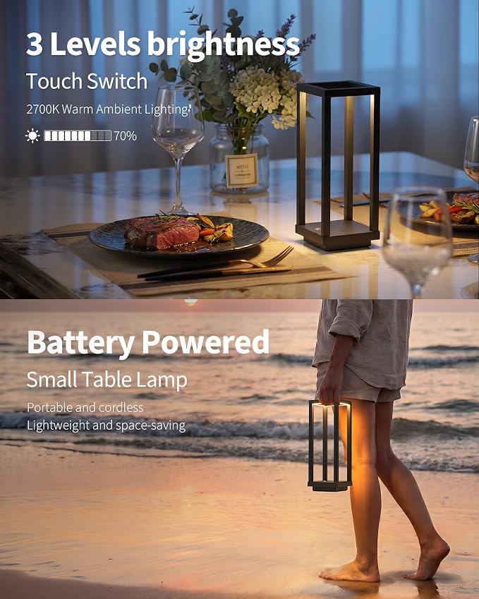PUSU Cordless Waterproof Table Lamps Set of 2, Black Outdoor Rechargeable 4000mAh Battery Operated Desk Lamp 2700K 3-Level Dimmable, Portable LED Lighting for Patio, Camping, Bedroom, Night Light