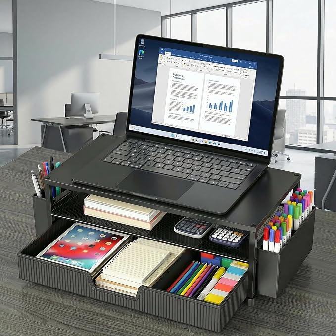 ECOLOVI Desk Organizer and Accessories, 2-Tier Computer Monitor Stand Rise with Storage Drawer & 2 Pen Holders, Laptop & Printer Stand for Desktop, Workspace Organizers for Office Supplies (Black 2-Pack))