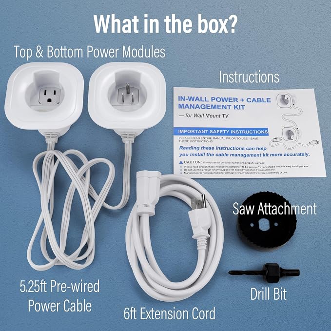 in-Wall Cable Management Kit, TV Cord Hider for Wall Mounted TV, Hide TV Cords for Wall Mount TV, TV Outlet Wall Kit Includes Power & Low Voltage Cable Management with Hole Saw Drill Attachment