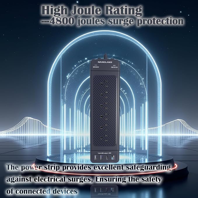 Surge Protector Power Strip 10ft Cord/High Joules Surge Protection (4800J)/Heavy Duty/Multiple outlets/Mountable/18AC/1875W/USB A+C(PD20W),Flat Plug,Commercial,Industrial,Office,Home,Black