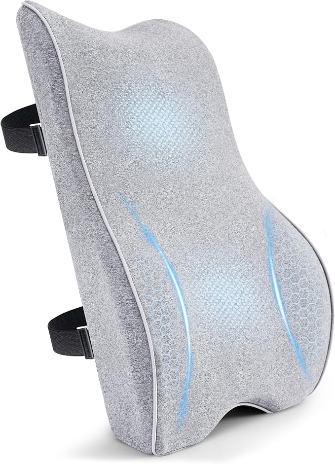 Lumbar Support Pillow for Office Chair Car Seat Gaming Chair, Memory Foam Back Support Pillow, Lumbar Cushion Back Cushion for Lower Back Pain Relief, Adjustable Strap Washable Cover-Light Grey