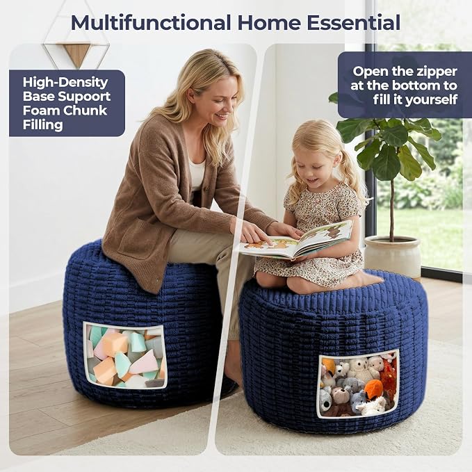 Round Pouf Ottoman Stuffed Corduroy Poufs Foot Rest with Foam Filling Fluffy Pouf Storage Ottoman Relax Stool for Living Room Couch 20 X 15 Inches, Blue