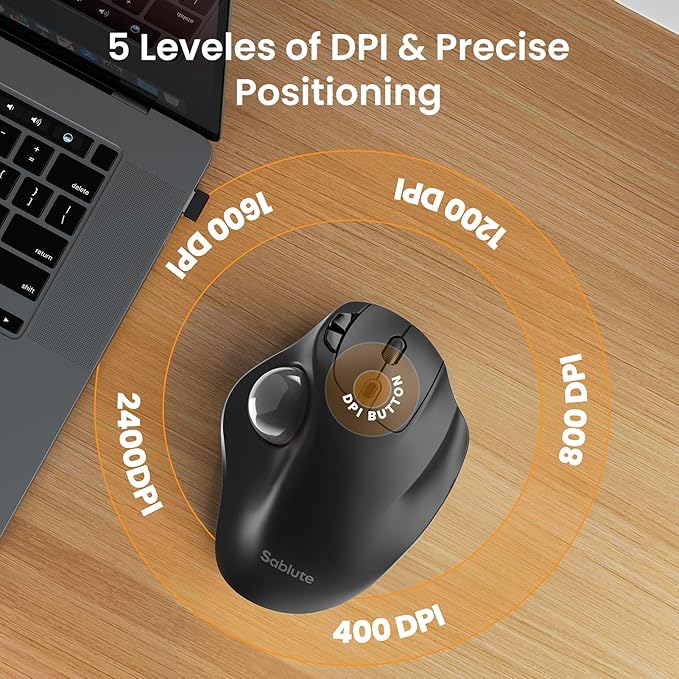 SABLUTE MAM2 Wireless Trackball Mouse with 5-Level DPI, Ergonomic Mouse 2.4G Plug-and-Play for 3 Devices (Bluetooth or USB Receiver), 500mAh Battery, Compatible with PC/Laptop/Mac/Windows-Grey Ball