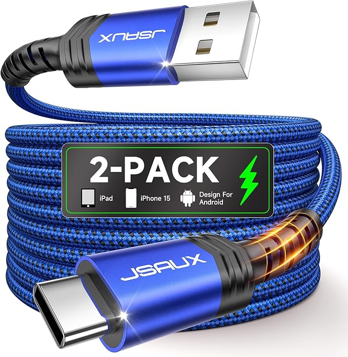 JSAUX USB C Cable [2-Pack 3.3ft], USB A to USB Cord Fast Charging for iPhone Air, iPhone 17, iPhone 17 Pro, iPhone 17 Pro Max, iPhone 16/iPhone 15 Series, Samsung S20 S10, Note 20 10, Car Play - Blue