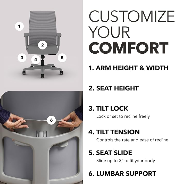 HON Ignition 2.0 Mid‑Back Ergonomic Office Chair, Mesh Task Desk Chair with Lumbar Support, Standard Synchro‑Tilt, Height and Width Adjustable Arms, Titanium Frame, Frost