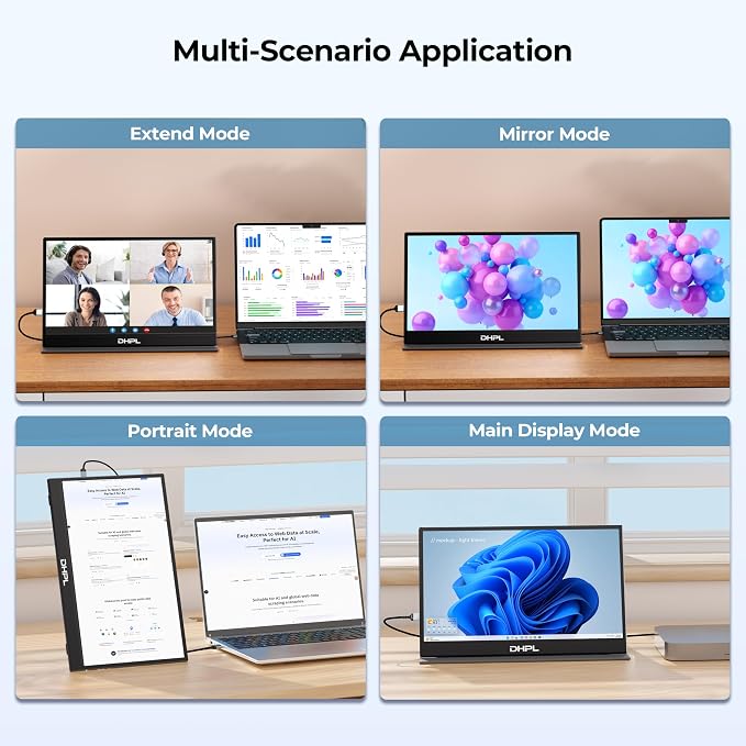 Portable Monitor, 15.6-inch FHD 1080P 60Hz IPS Screen, Laptop Screen Extension, USB-C/HDMI Ports, VESA Mount Support, Compatible with Laptops/PCs/MacBook/Switch/PS4/5/Xbox