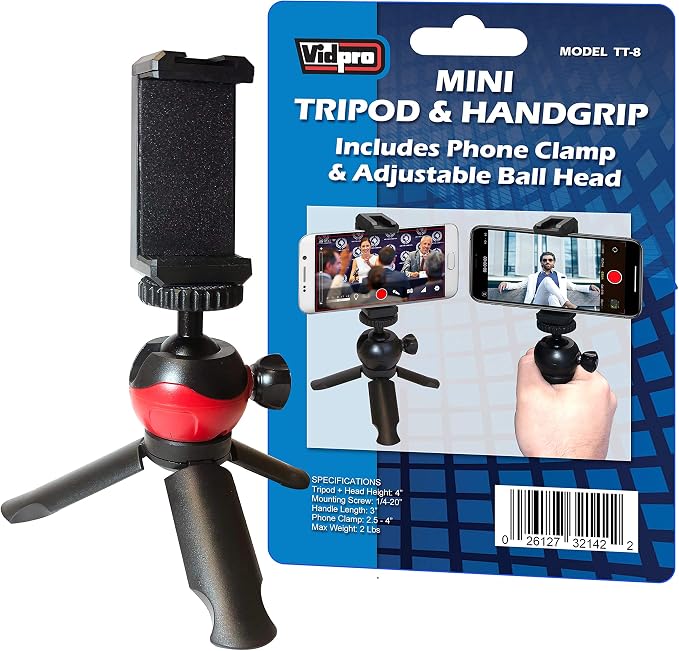 Vidpro TT-8 Mini Tripod and Handgrip with Ball Head for Smartphones and Cameras. for Camcorders, Small DSLRs, Mirrorless and Phones. Shoe Mount for attaching Lights and Mics. Zoom Video Conferencing