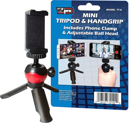 Vidpro TT-8 Mini Tripod and Handgrip with Ball Head for Smartphones and Cameras. for Camcorders, Small DSLRs, Mirrorless and Phones. Shoe Mount for attaching Lights and Mics. Zoom Video Conferencing
