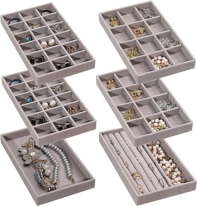 Frebeauty Jewelry Organizer Tray,Stackable Velvet Jewelry Trays,Drawer Inserts Earring Organizer For Women Jewelry Storage Display Case for Rings Stud Necklaces,Set of 6(Grey)